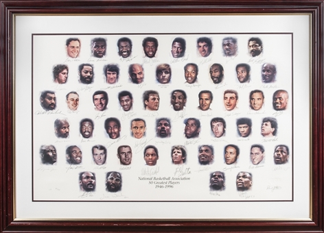 NBA 50 Greatest Players Litho Completely Signed In 48x34 Framed Display Including Jordan & Chamberlain - Legends Edition 29/50 (NBA Field of Dreams signed by David Stern COA)